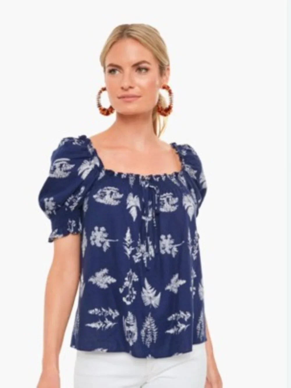 Pomander Place Beaufort Botanical Blouse XS NWT Navy Smocked Off Shoulder